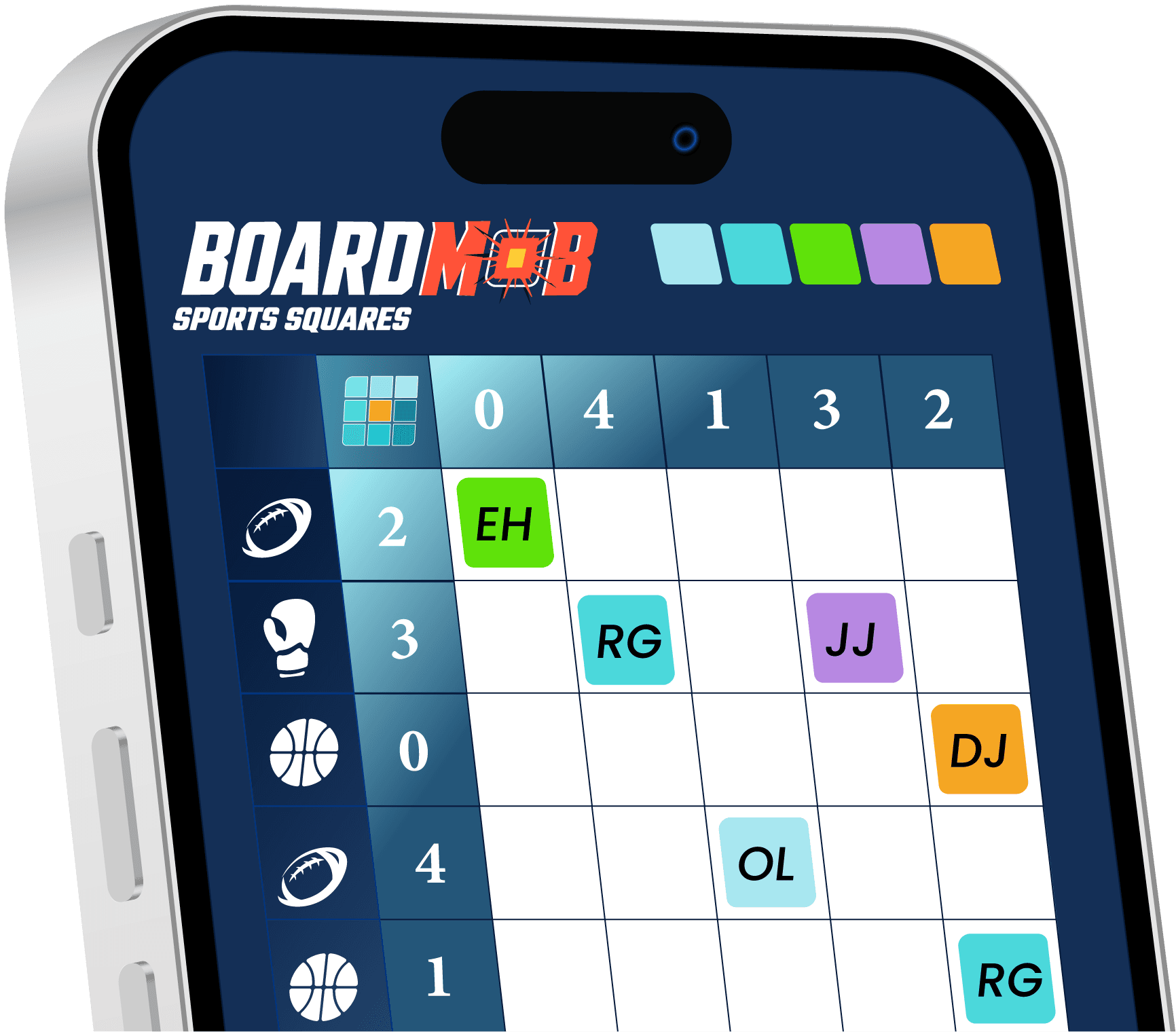 A BoardMob board on game day, showing the 10 by 10 grid with claimed squares in player colors.